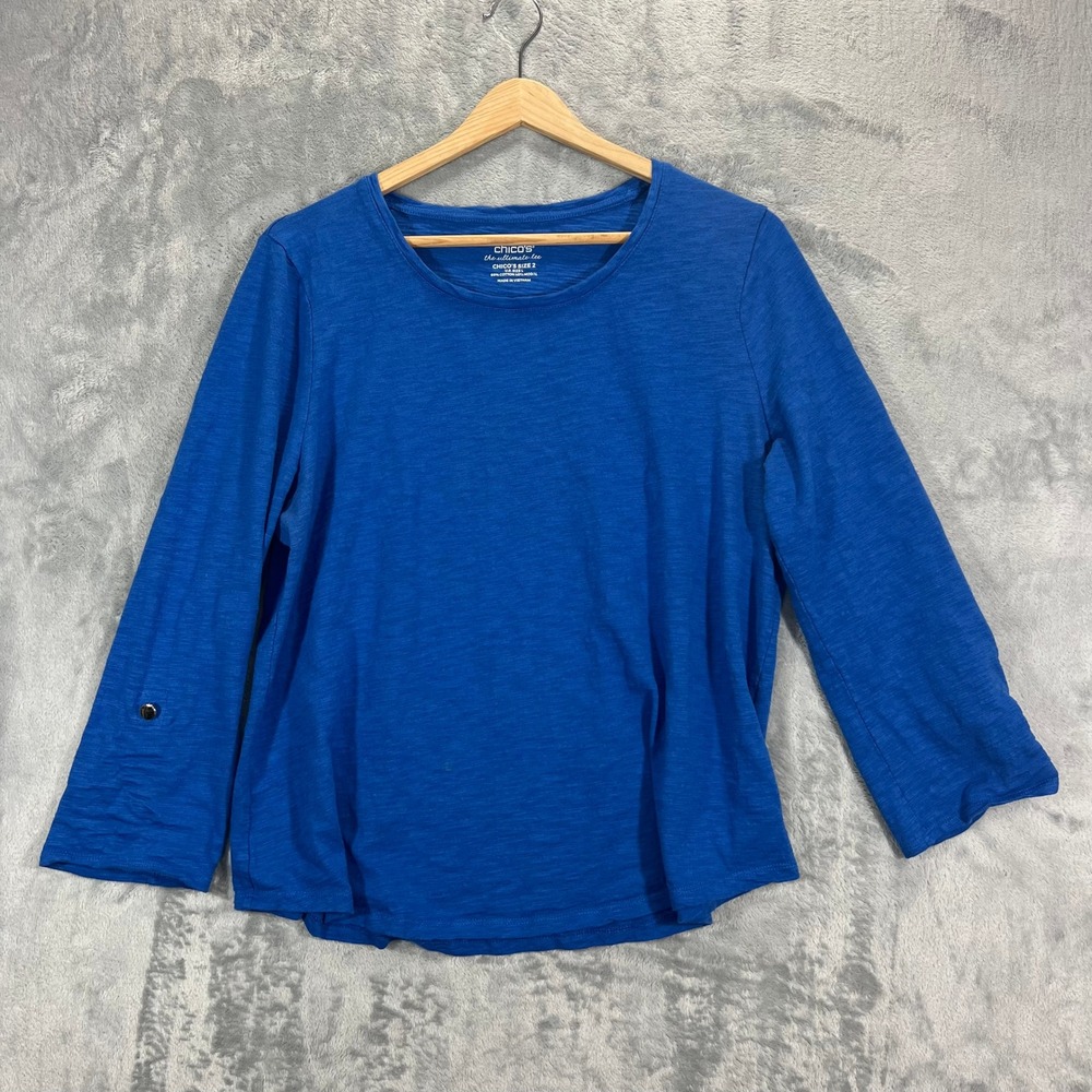 Chico's The Ultimate Tee LS Roll Tab Sleeve Womens Size 2 L Blue Slub Knit Top